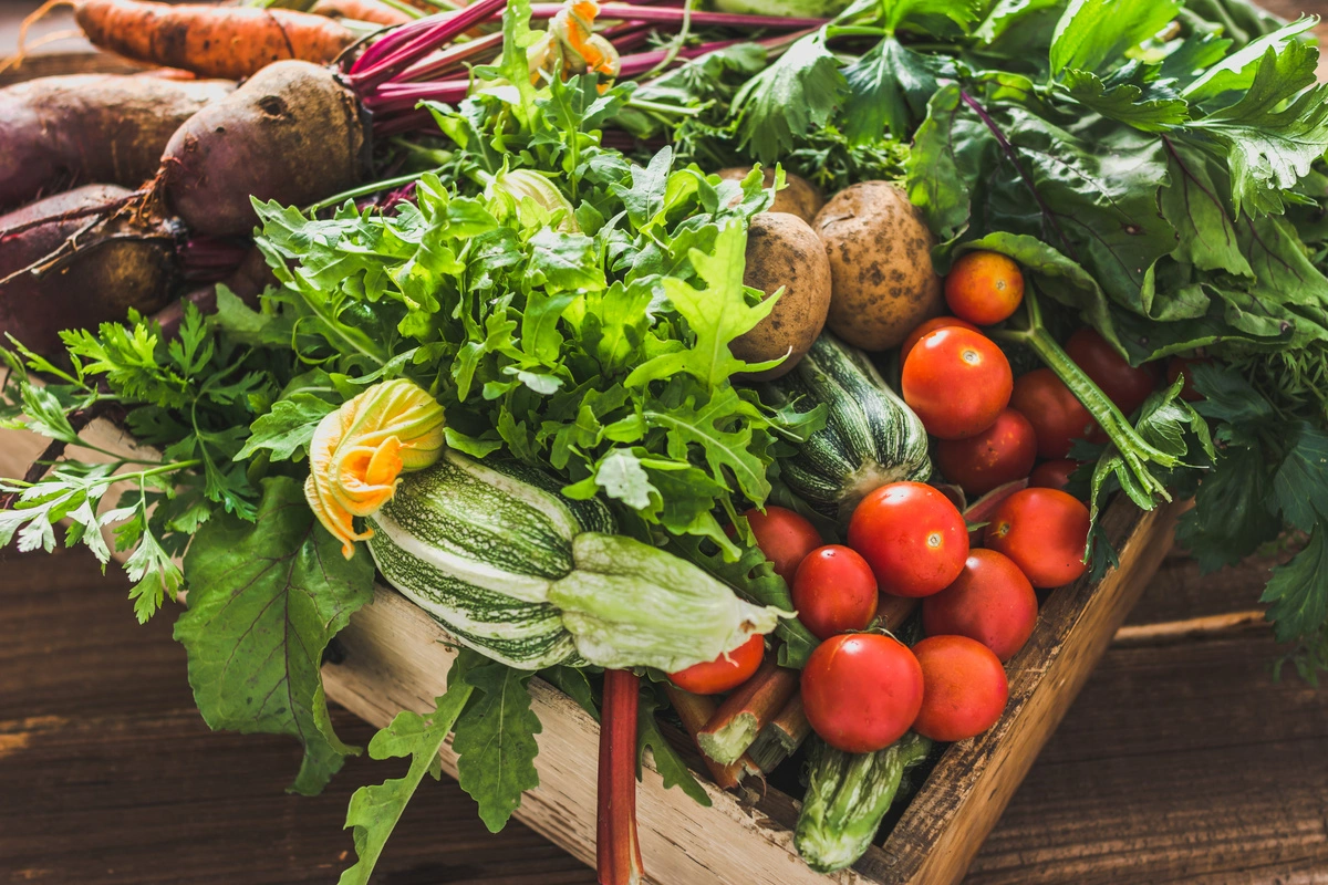Panier de légumes frais et de saison à l'épicerie locale du Château de la Gabelle